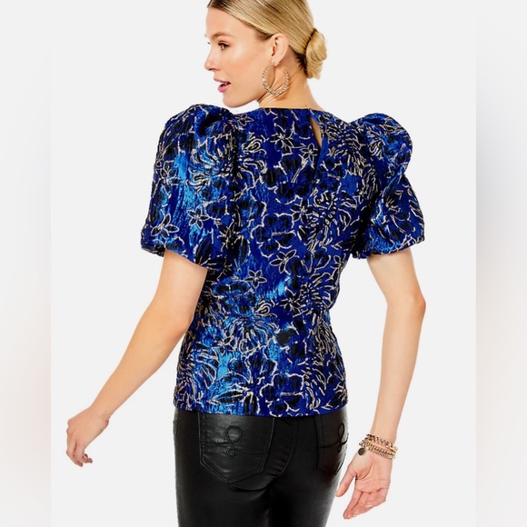 Lily Pulitzer Pratt Short Sleeve Floral Brocade Twilight Grotto Blue Top XS NWT - Picture 2 of 10